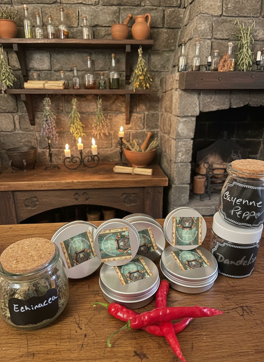 A small metal tin labeled Snap Crackle Stop Joint Pain Relief 🌿 sits on a wooden surface. Surrounded by jars of herbs