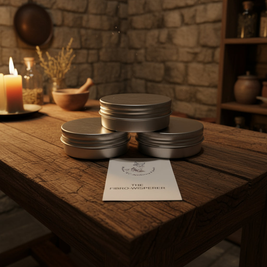 A small round tin labeled The Fibro-Whisperer sits on old wooden table. Warm tones and natural ingredients emphasize a handmade, holistic vibe.