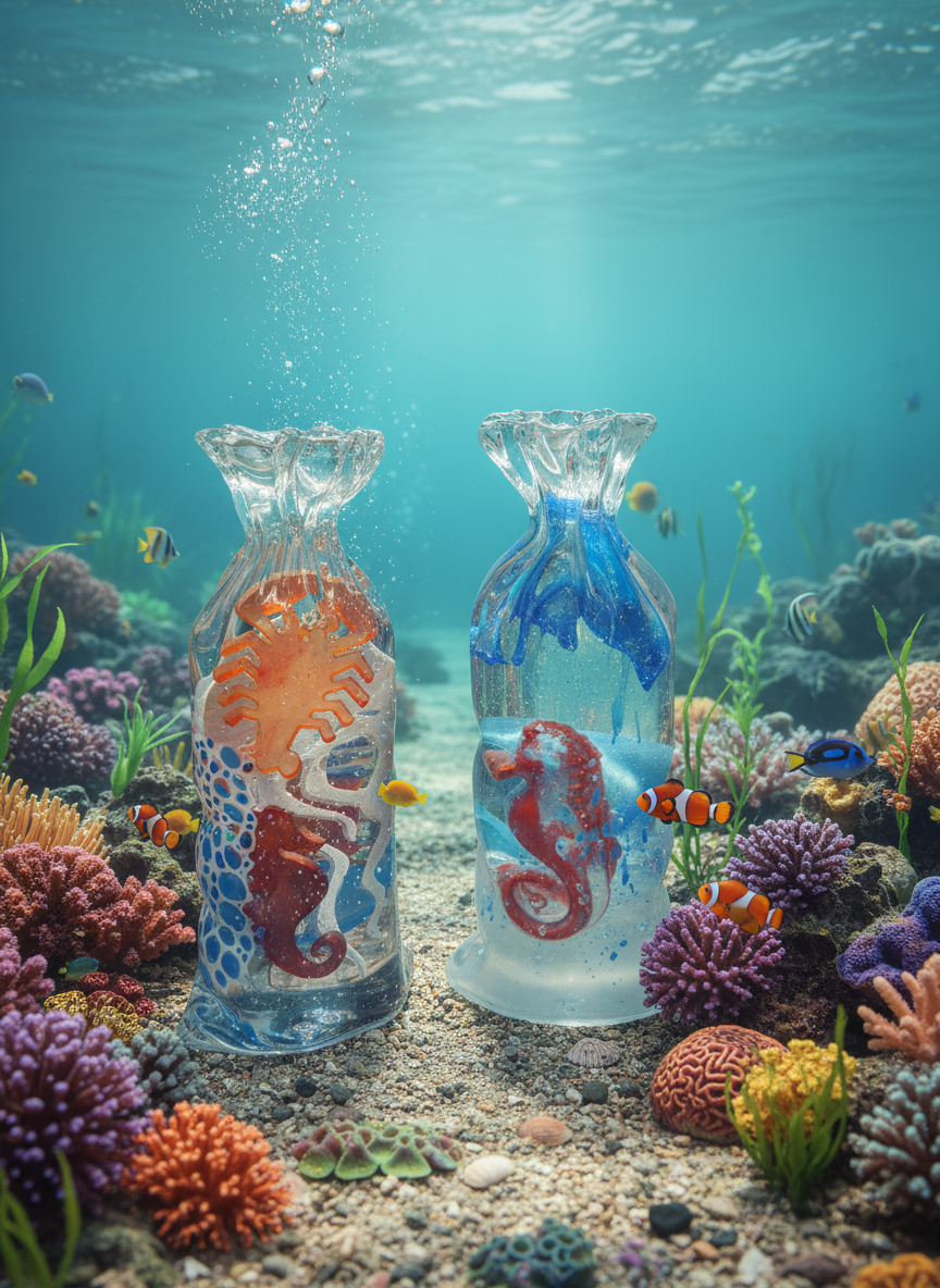 Sea creatures in resin bag - ocean themed art