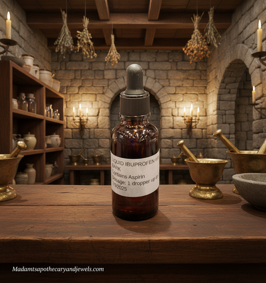 A brown glass bottle of Nature’s Ibuprofen herbal supplement  on a light wooden table, symbolizing natural pain relief and plant‑based wellness.