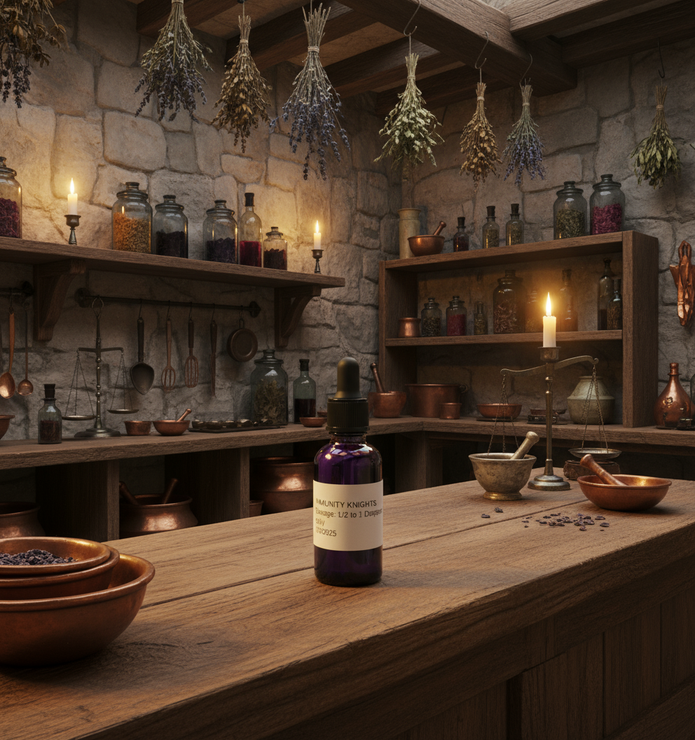 A small dark glass bottle labeled “Immunity Knights Herbal Tincture” sits on a rustic wooden table.