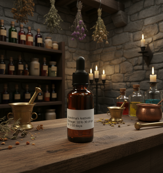Small 2oz glass bottle labeled “Grandma’s Antibiotic Tincture” 🌿 placed on a wooden table. The tincture has a warm golden color and a natural, homemade look.
