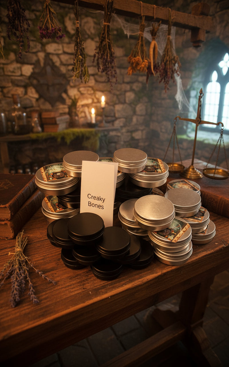 A round tin labeled Creaky Bones Arthritis Pain Relief rests on a rustic wooden surface